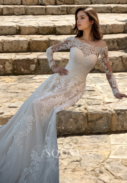 Bateau-Neck Long-Sleeves Tulle A-Line Wedding Dress Lace Applique Beaded Cutout Bride Gowns