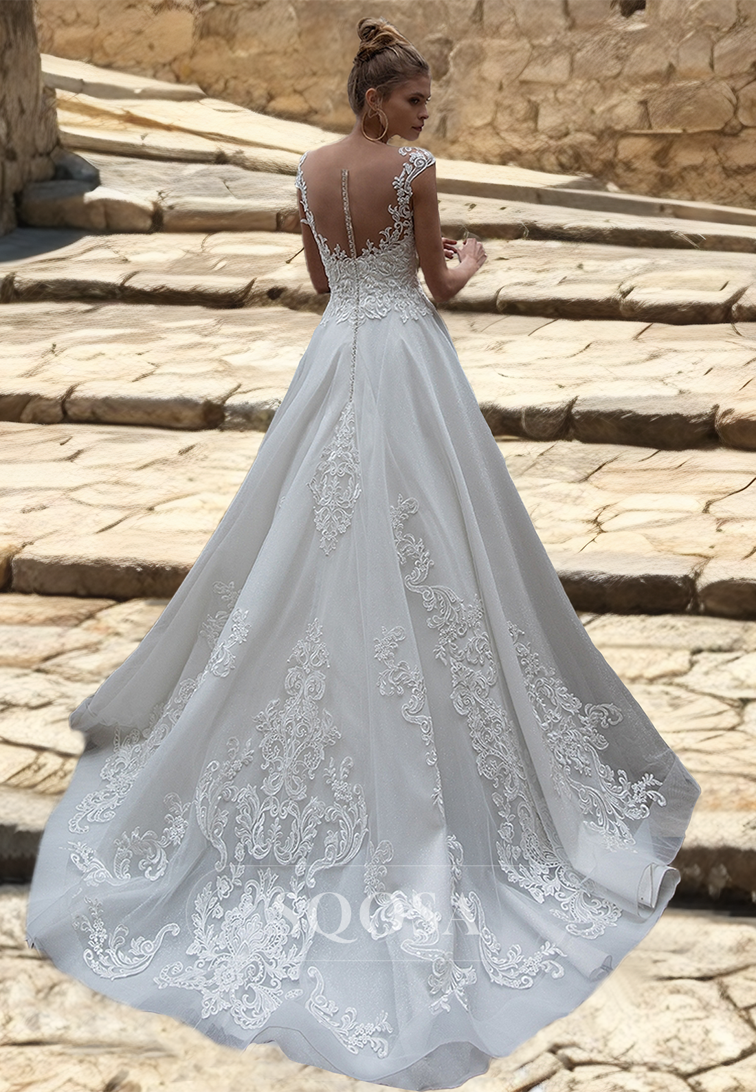 Cap-Sleeves V-Neck Tulle Bride Gowns Lace Applique Cutout A-Line Wedding Dress with Train