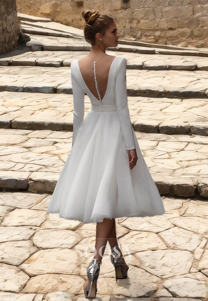 Long-Sleeves Deep V-Neck A-Line Boho Beach Wedding Dress Knee-Length Bride Gowns with Belt