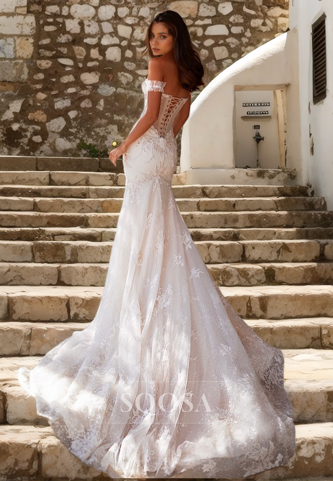 Off-Shoulder Glitter-Knit Mermaid Bride Gowns Sweetheart Sleeveless Sheer Applique Beaded Wedding Dress with Train