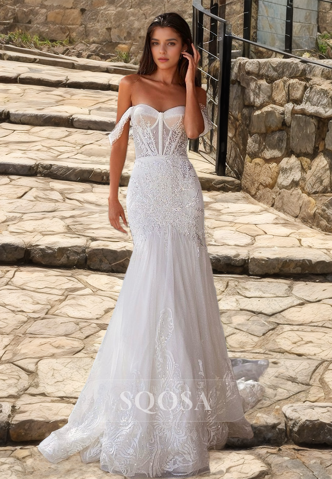 Off-Shoulder Glitter-Knit Mermaid Bride Gowns Sweetheart Sleeveless Sheer Applique Beaded Wedding Dress with Train