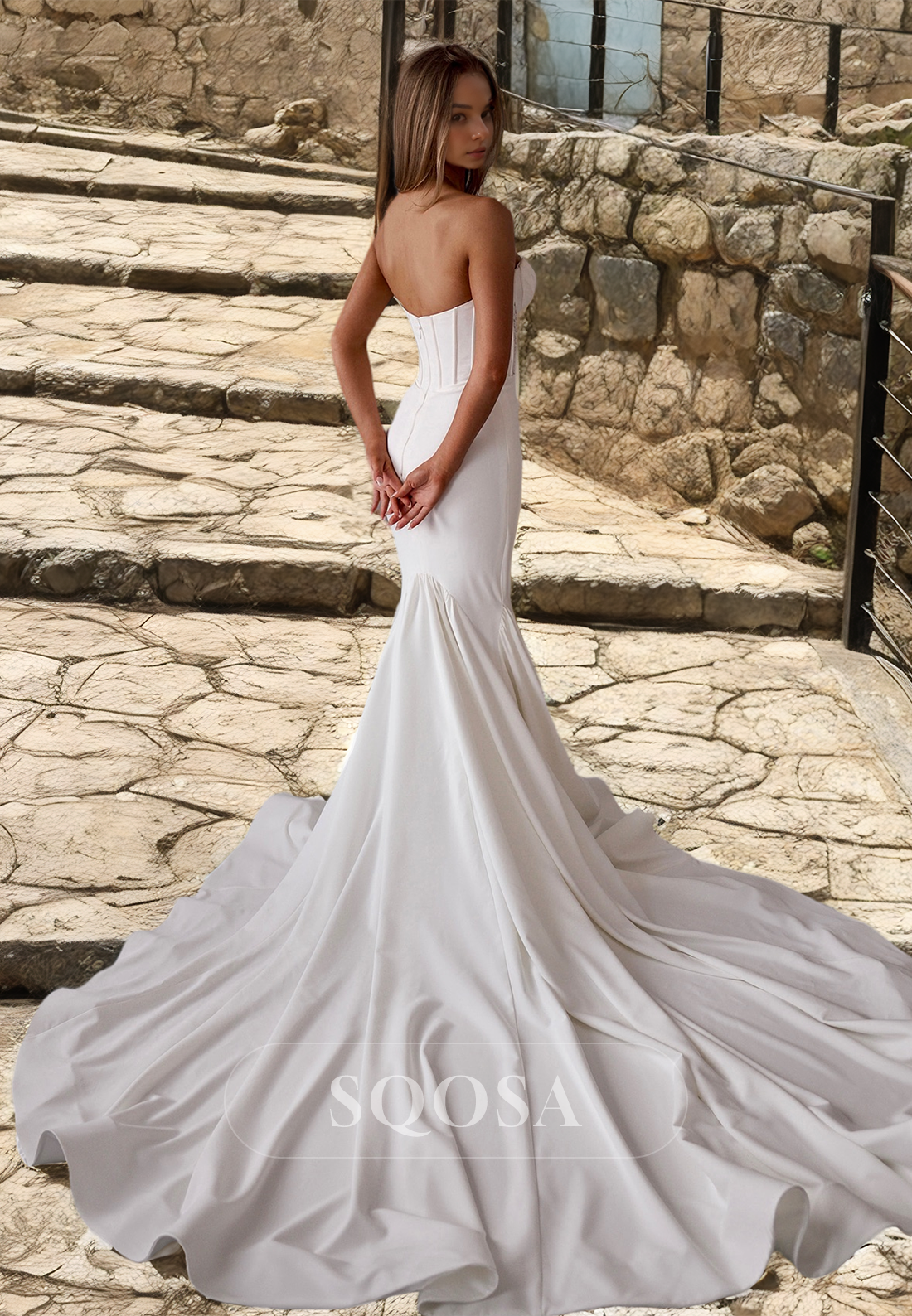 Scoop-Neck Off-Shoulder Sequined Satin Mermaid Wedding Dress Sleeveless Pleated Cutout Train Bride Gowns