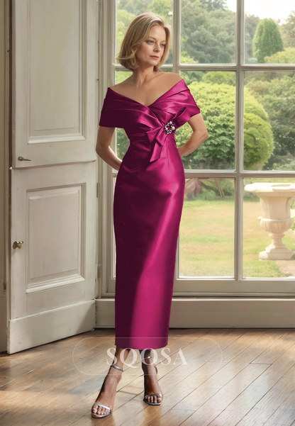 Short-Sleeves V-Neck Satin Mermaid Mother of the Bride Dress Pleated Beaded Midi Cocktail Gowns