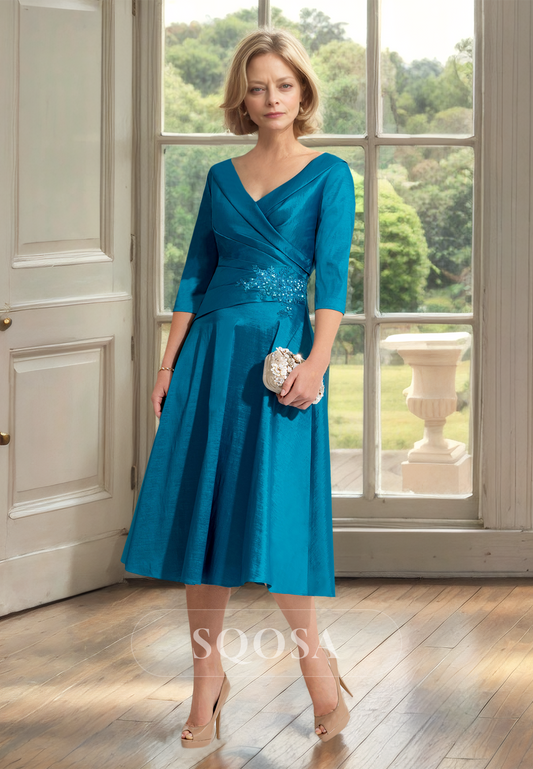 Half-Sleeves V-Neck Midi A-Line Mother of the Bride Dress Pleated Beaded Applique Cocktail Dress