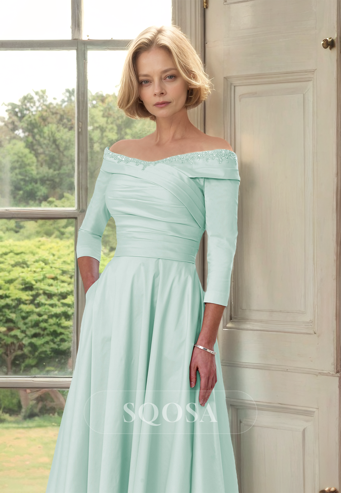 Beaded Tube Top Long-Sleeves Cocktail Gowns Pleated Midi A-Line Mother of the Bride Dress