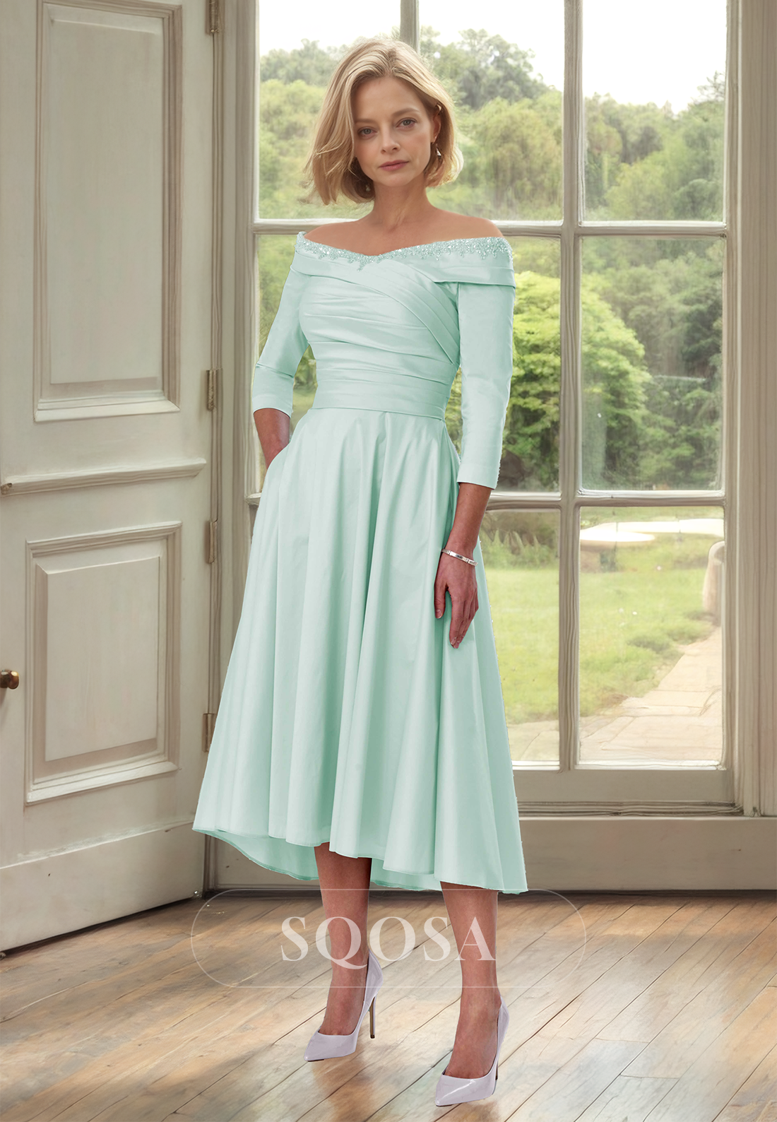 Beaded Tube Top Long-Sleeves Cocktail Gowns Pleated Midi A-Line Mother of the Bride Dress