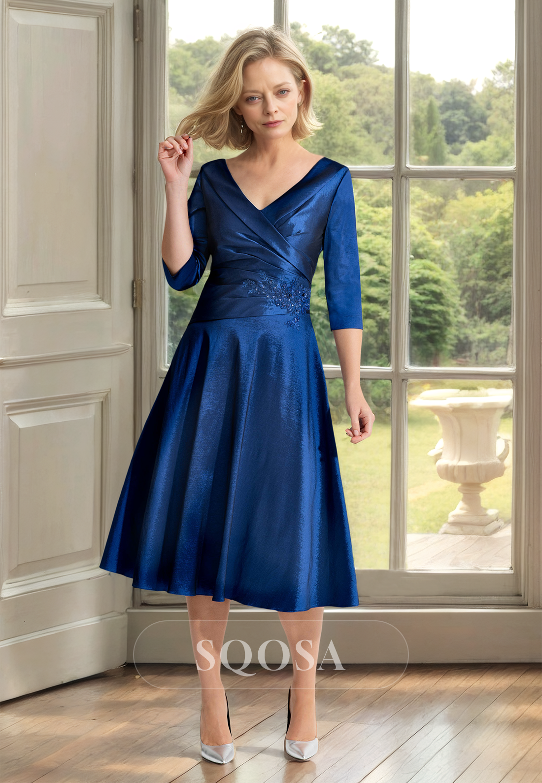 Half-Sleeves V-Neck Midi A-Line Mother of the Bride Dress Pleated Beaded Applique Cocktail Dress