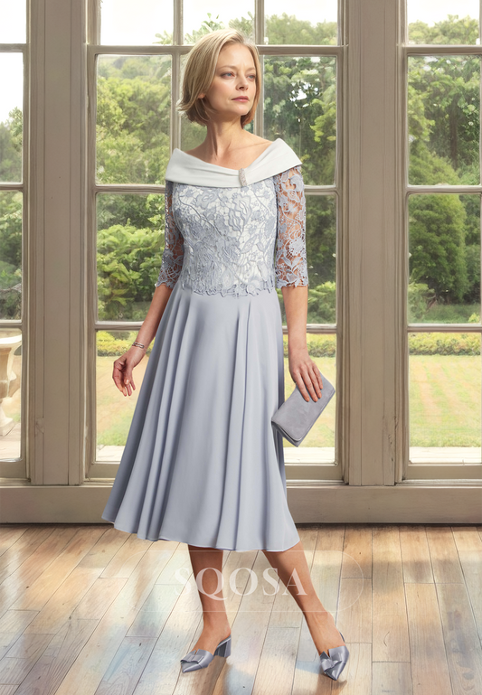 Asymmetrical-Neck Half-Sleeves Midi A-line Mother of the Bride Dress Blouson Lace Applique Cocktail Gowns