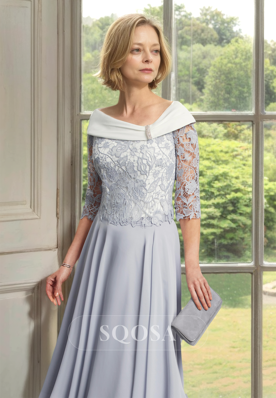 Asymmetrical-Neck Half-Sleeves Midi A-line Mother of the Bride Dress Blouson Lace Applique Cocktail Gowns