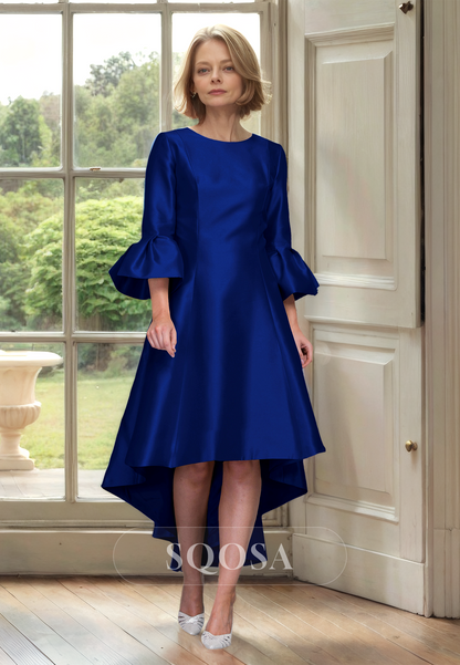 Scoop-Neck Half-Sleeves Satin Cocktail Gowns High-Low A-Line Mother of the Bride Dress