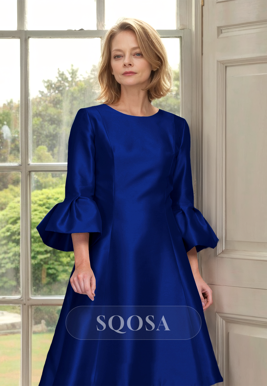 Scoop-Neck Half-Sleeves Satin Cocktail Gowns High-Low A-Line Mother of the Bride Dress