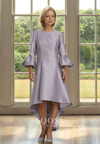 Scoop-Neck Half-Sleeves Satin Cocktail Gowns High-Low A-Line Mother of the Bride Dress