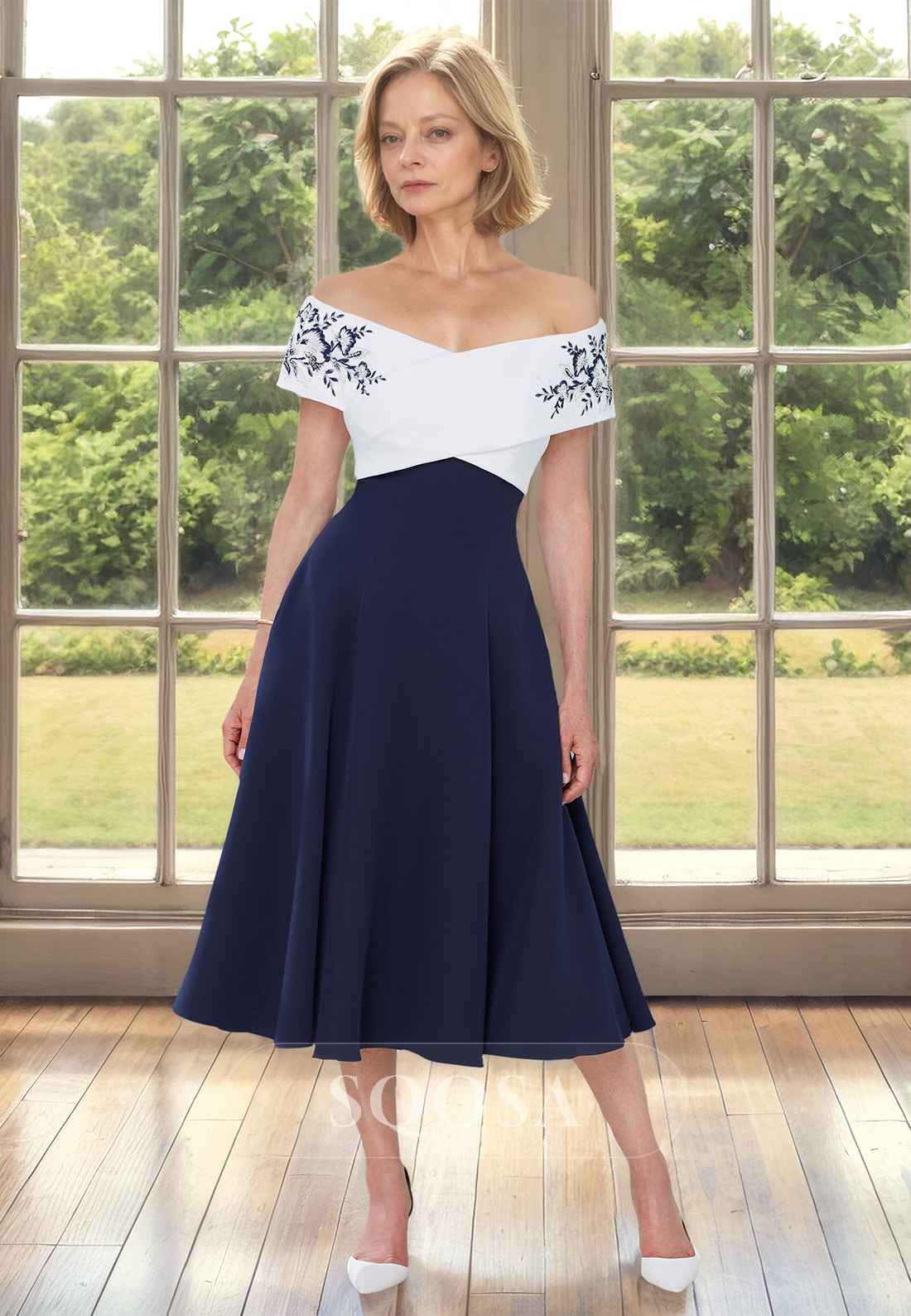 Tube Top Off-Shoulder Sleeveless Pleated Applique Two Tone Midi A-Line Mother of the Bride Dress