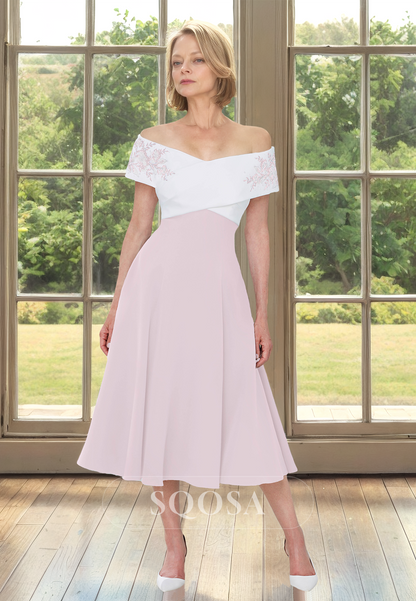 Tube Top Off-Shoulder Sleeveless Pleated Applique Two Tone Midi A-Line Mother of the Bride Dress