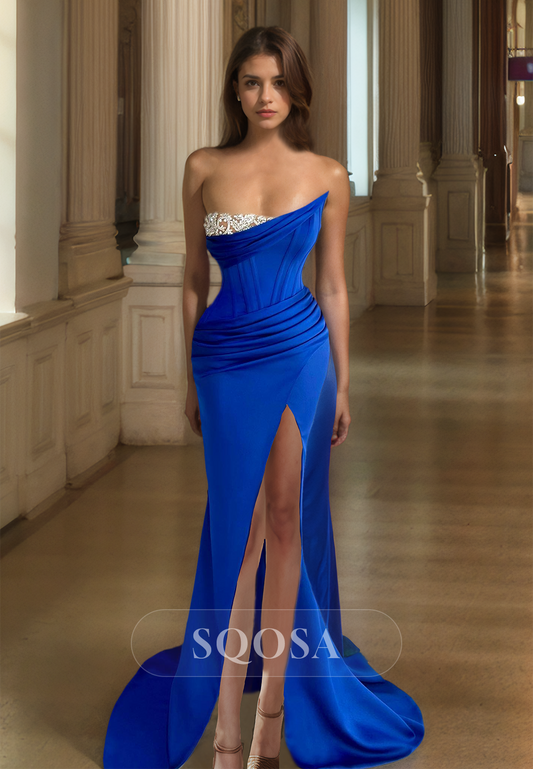 Asymmetrical Tube Top Off-Shoulder Mermaid Prom Dress Beaded Pleated Satin High Slit Party Dress