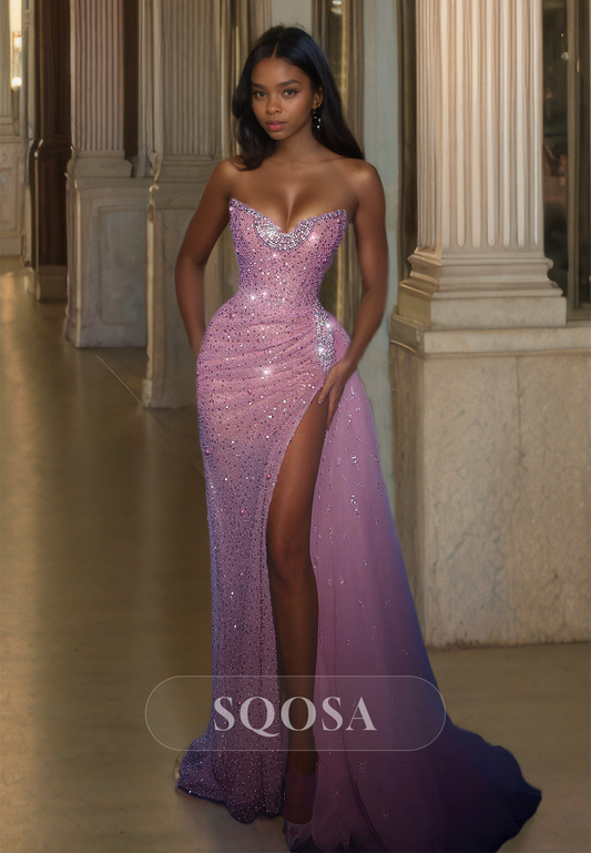 Beaded Sweetheart Off-Shoulder Sleeveless Sequined High Slit Pleated Mermaid Prom Dress with Train