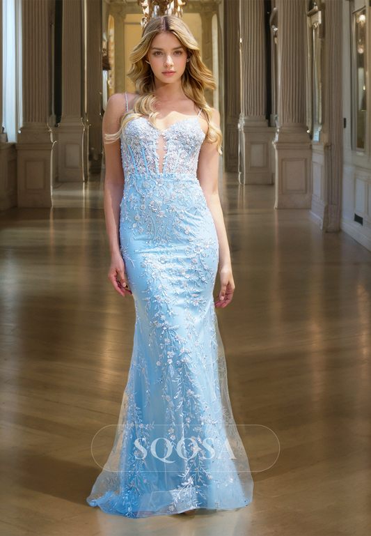 Spaghetti Straps Sweetheart Sleeveless Beaded Lace Applique Floor-Length Mermaid Prom Dress