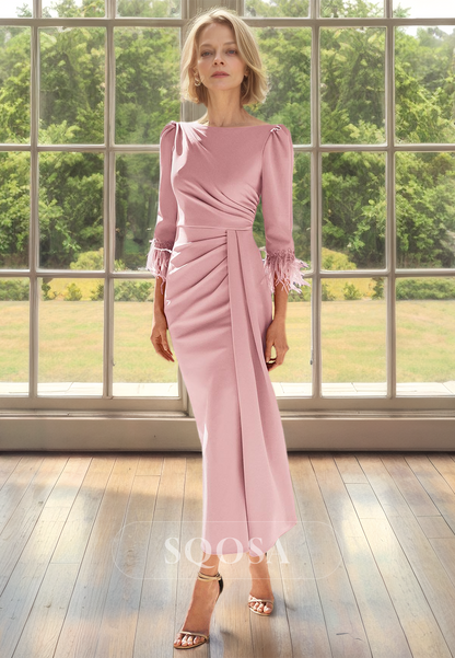 Fringed Half-Sleeves Scoop-Neck Mermaid Mother of the Bride Dress Pleated Satin Midi Cocktail Gowns