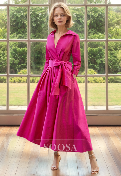 Collar V-Neck Long-Sleeves Midi Cocktail Gowns Pleated A-Line Mother of the Bride Dress with Bow