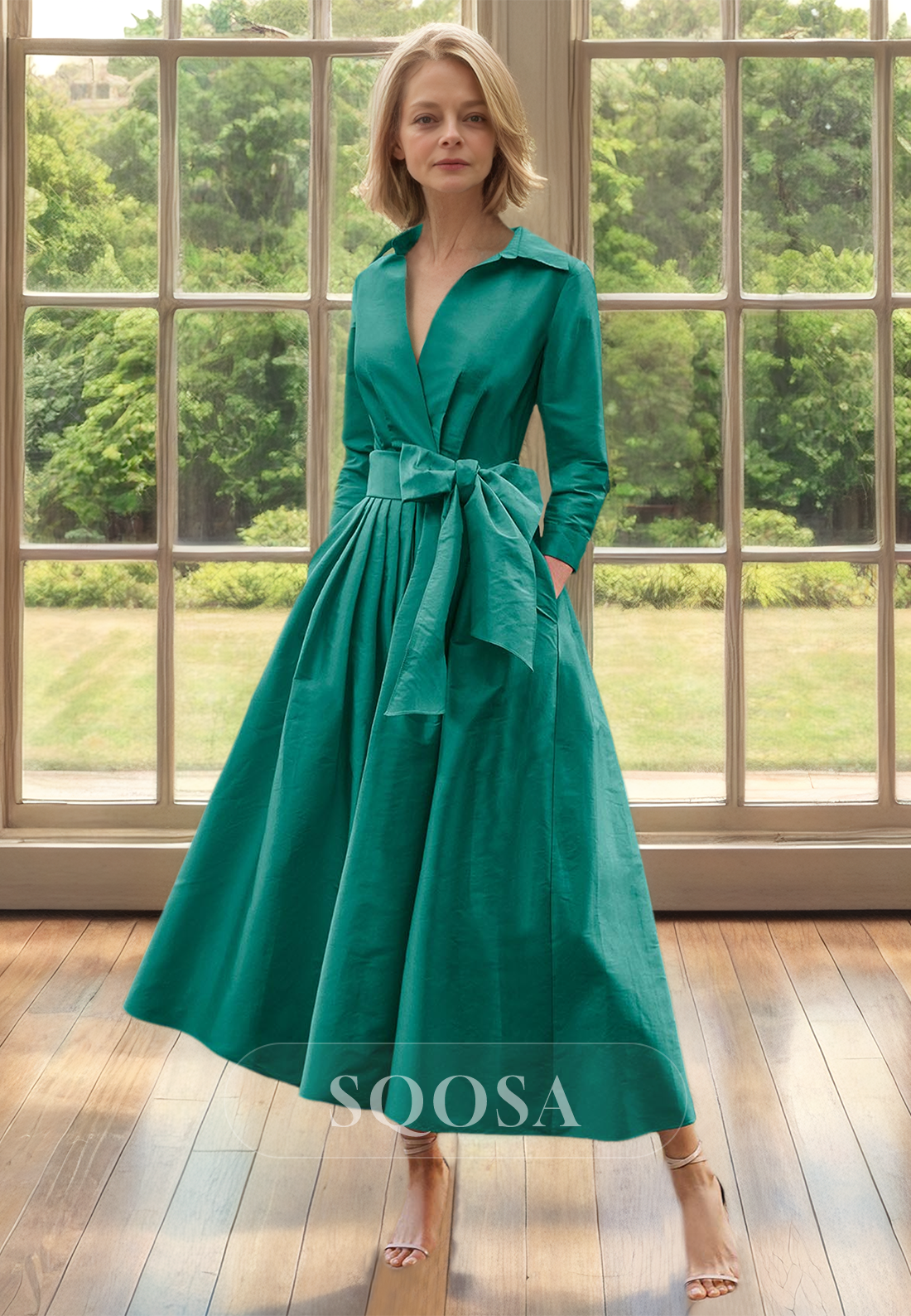 Collar V-Neck Long-Sleeves Midi Cocktail Gowns Pleated A-Line Mother of the Bride Dress with Bow Jade / US10