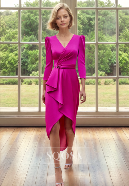 V-Neck Long-Sleeves High-Low Midi Mother of the Bride Dress Pleated Beaded Chiffon Cocktail Gowns