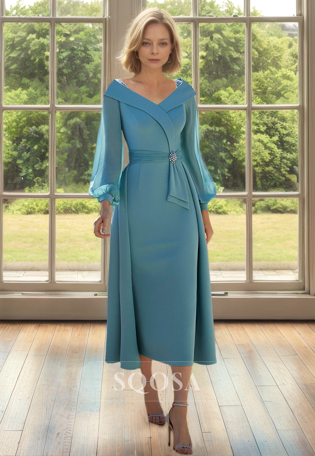 V-Neck Tulle Long-Sleeves Midi A-Line Mother of the Bride Dress Beaded Plerated Satin Cocktail Gowns