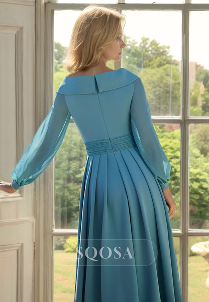 V-Neck Tulle Long-Sleeves Midi A-Line Mother of the Bride Dress Beaded Plerated Satin Cocktail Gowns