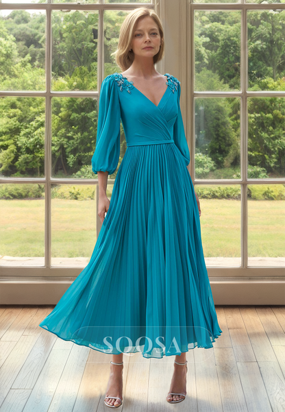 A-Line V-Neck Long-Sleeves Beaded Cocktail Gowns Pleated Floral Embellished Midi Mother of the Bride Dress