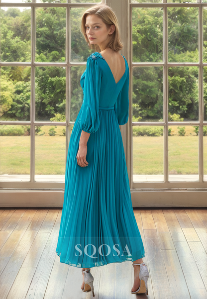 A-Line V-Neck Long-Sleeves Beaded Cocktail Gowns Pleated Floral Embellished Midi Mother of the Bride Dress