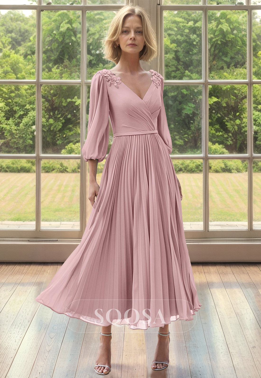 A-Line V-Neck Long-Sleeves Beaded Cocktail Gowns Pleated Floral Embellished Midi Mother of the Bride Dress