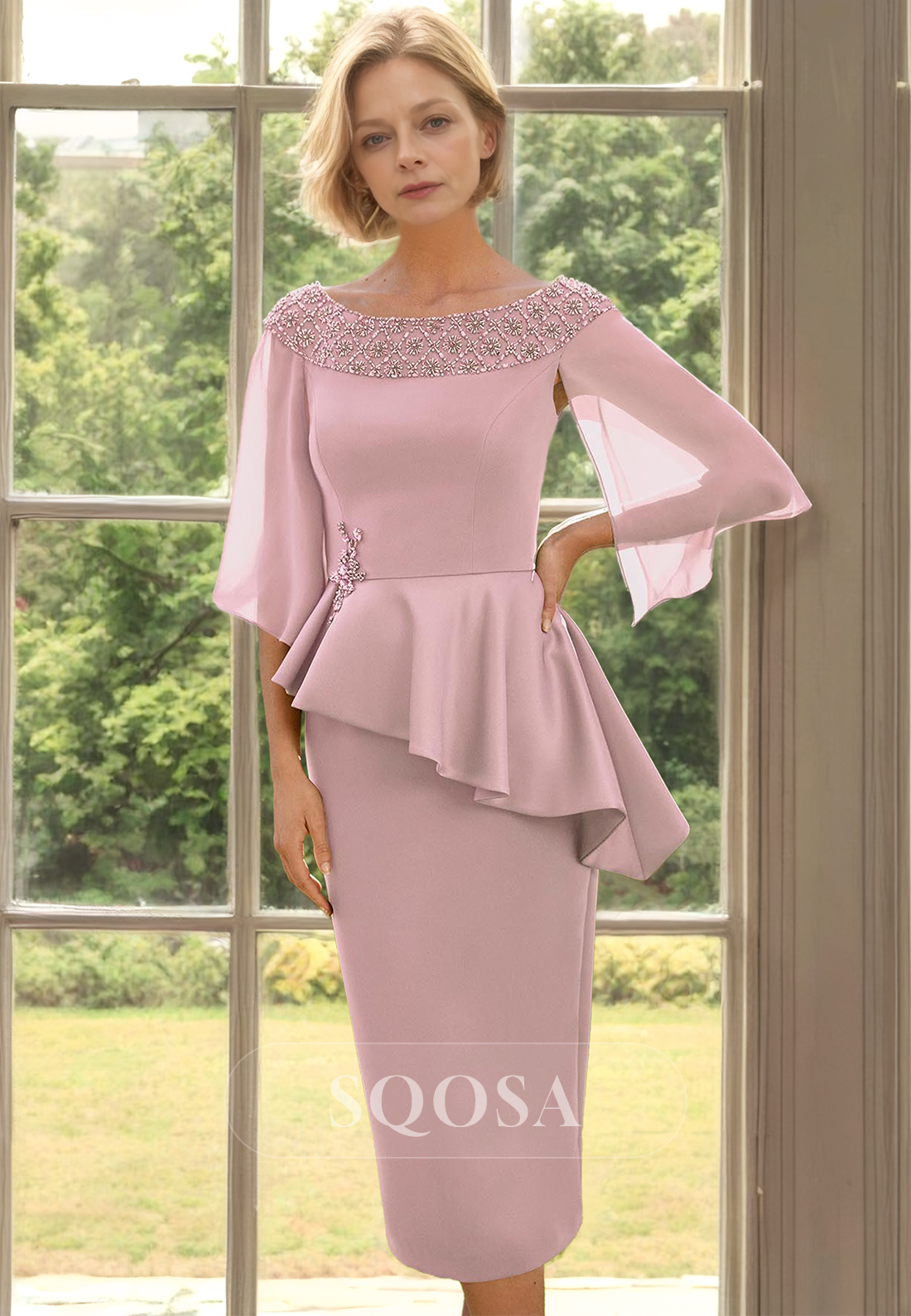 Scoop-Neck Sleeveless Midi Mermaid Mother of the Bride Dress Beaded Chiffon Cocktail Gowns Blushing Pink / US14