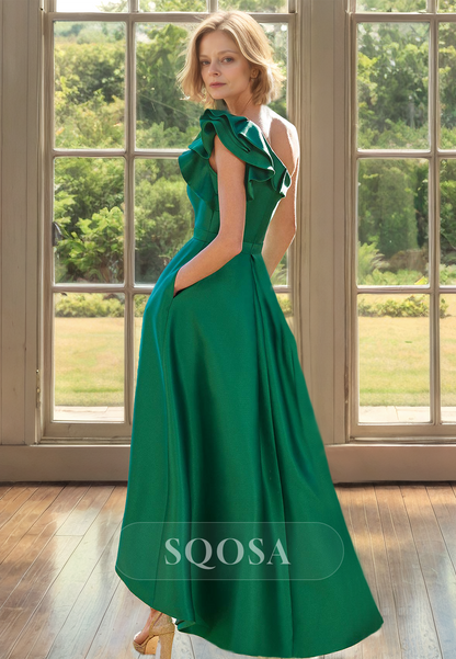 Asymmetrical-Neck Ruffled Midi Cocktail Gowns Sleeveless Satin A-Line Mother of the Bride Dress