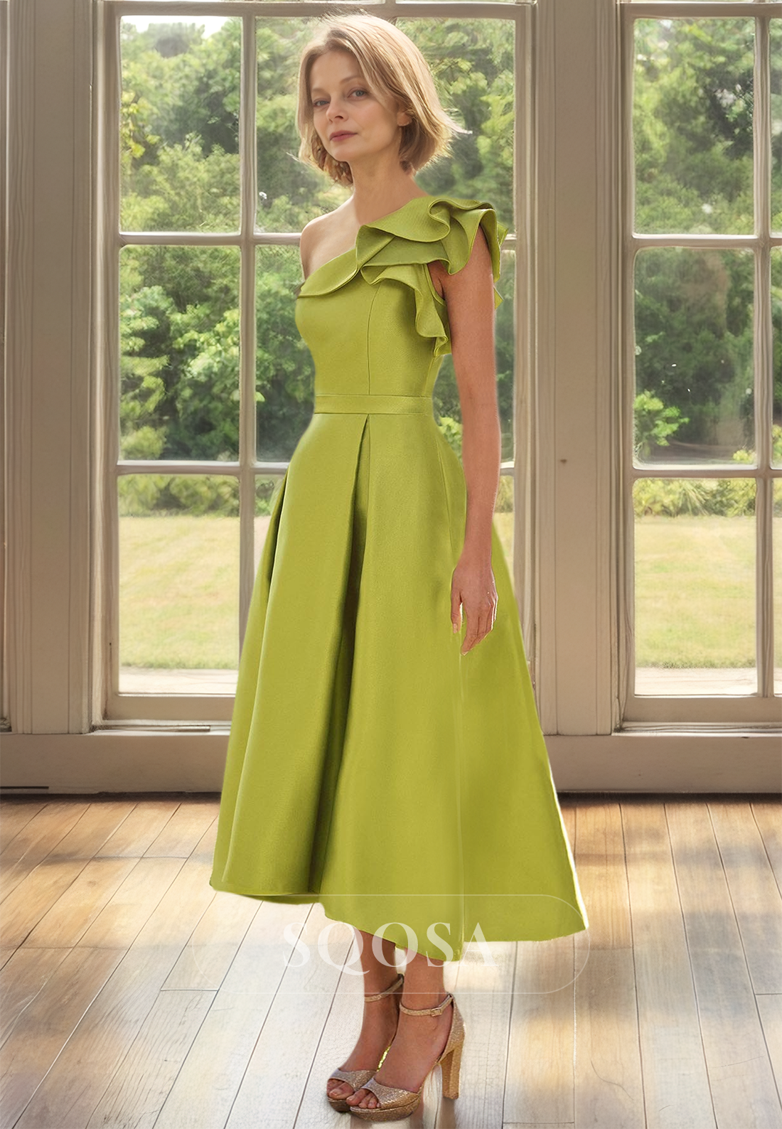 Asymmetrical-Neck Ruffled Midi Cocktail Gowns Sleeveless Satin A-Line Mother of the Bride Dress