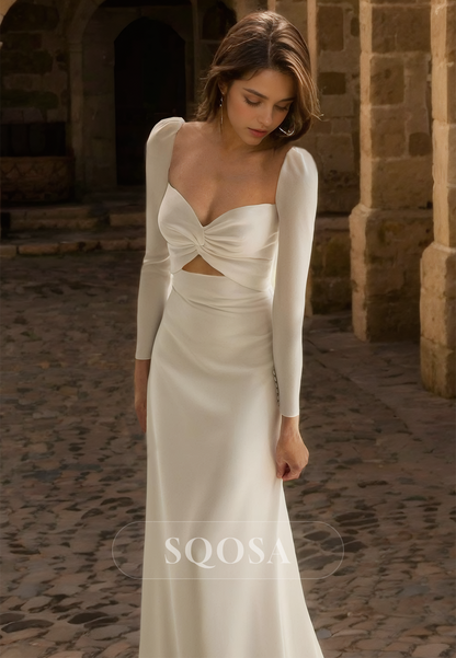 Pleated Sweetheart Long-Sleeves Satin Bride Gowns Sweep Train Cutout Satin Mermaid Wedding Dress