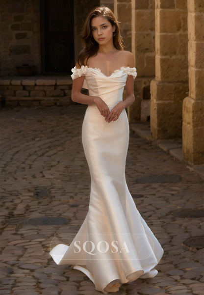 Floral Embellished Sweetheart Sleeveless Satin Bride Gowns Pleated Mermaid Wedding Dress with Overskirt