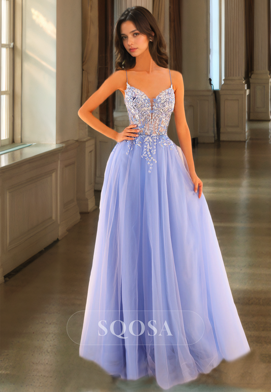 Sweetheart Spaghetti Straps Tulle A-Line Prom Dress Sleeveless Lace Applique Cutout Formal Gowns