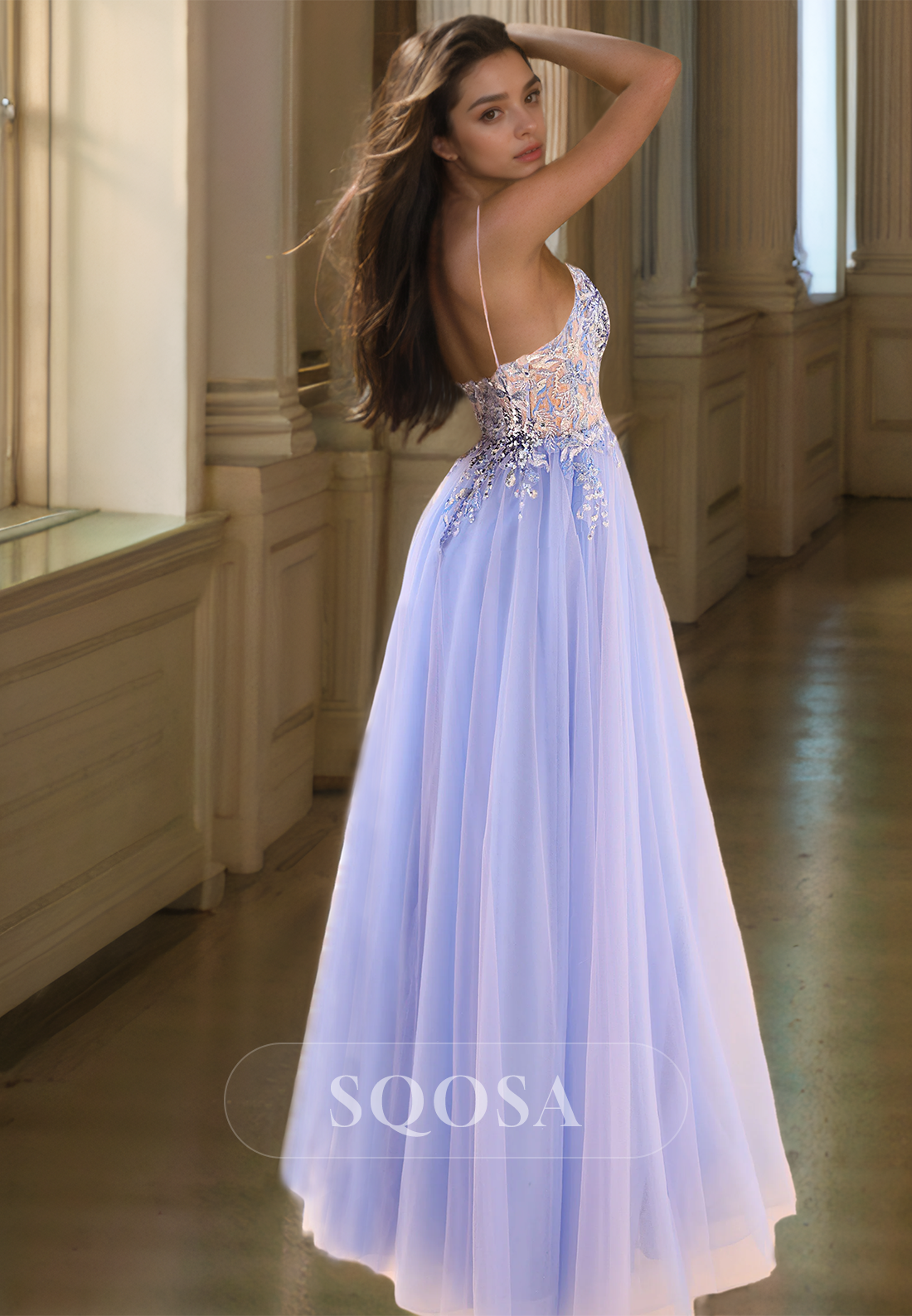 Sweetheart Spaghetti Straps Tulle A-Line Prom Dress Sleeveless Lace Applique Cutout Formal Gowns