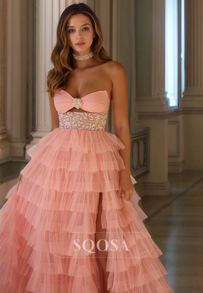 Off-Shoulder Sweetheart Sleeveless Evening Gowns Beaded Tiered High Slit Tulle A-Line Prom Dress