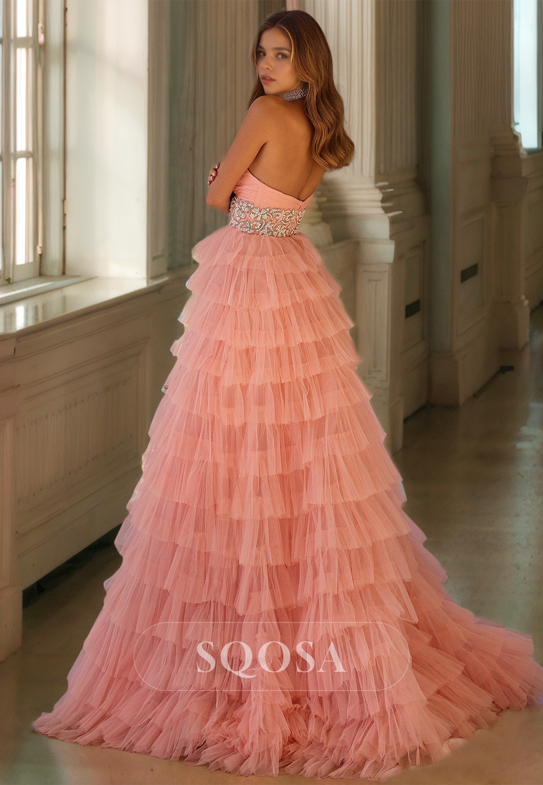 Off-Shoulder Sweetheart Sleeveless Evening Gowns Beaded Tiered High Slit Tulle A-Line Prom Dress