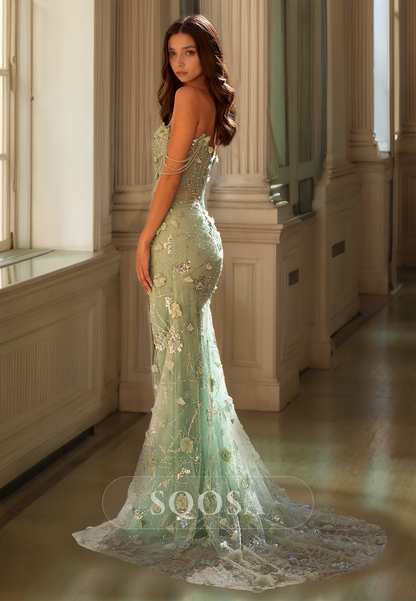 Sweetheart Sleeveless Off-Shoulder Beaded Applique Floral Embellished Prom Dress with High Slit