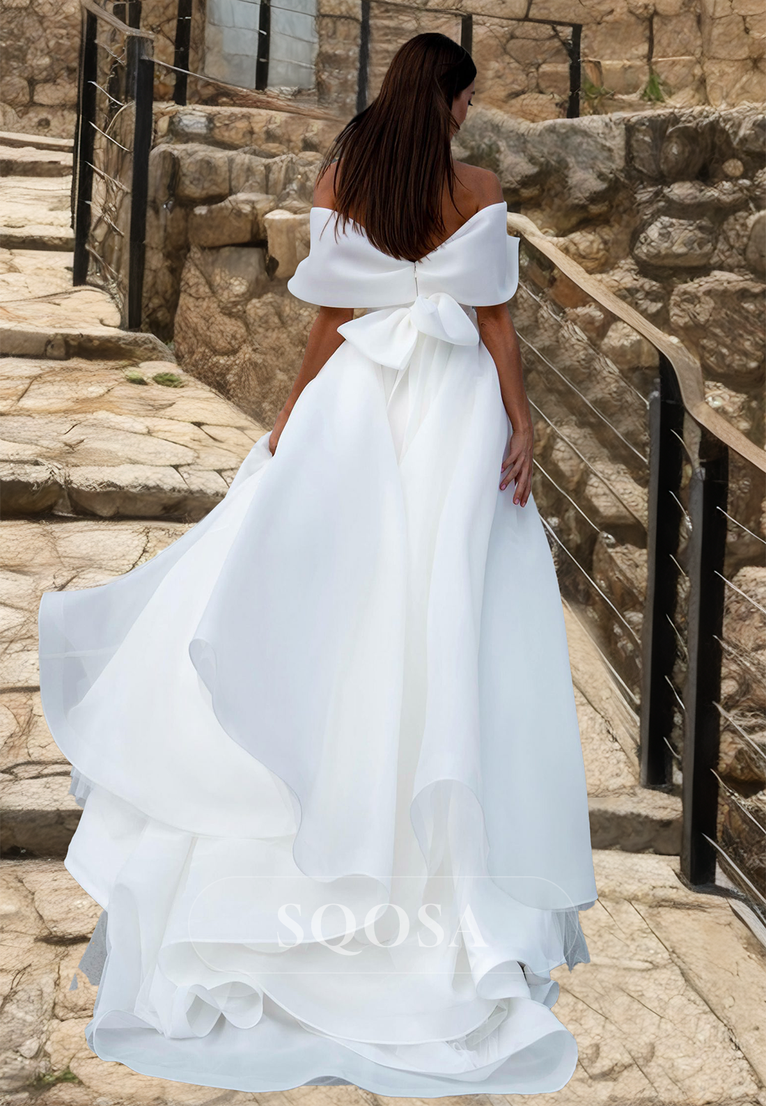 Off-Shoulder Sweetheart A-Line Wedding Dress Pleated High Slit Train Chiffon Bride Gowns with Bow