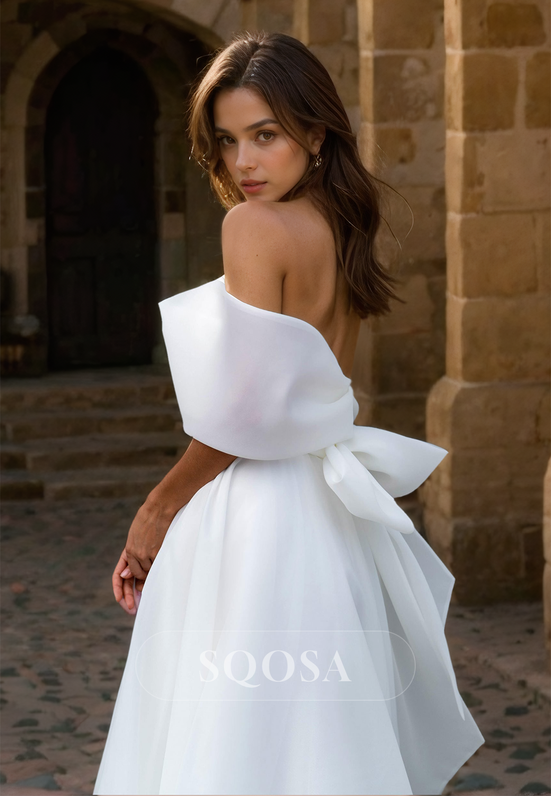 Off-Shoulder Sweetheart A-Line Wedding Dress Pleated High Slit Train Chiffon Bride Gowns with Bow