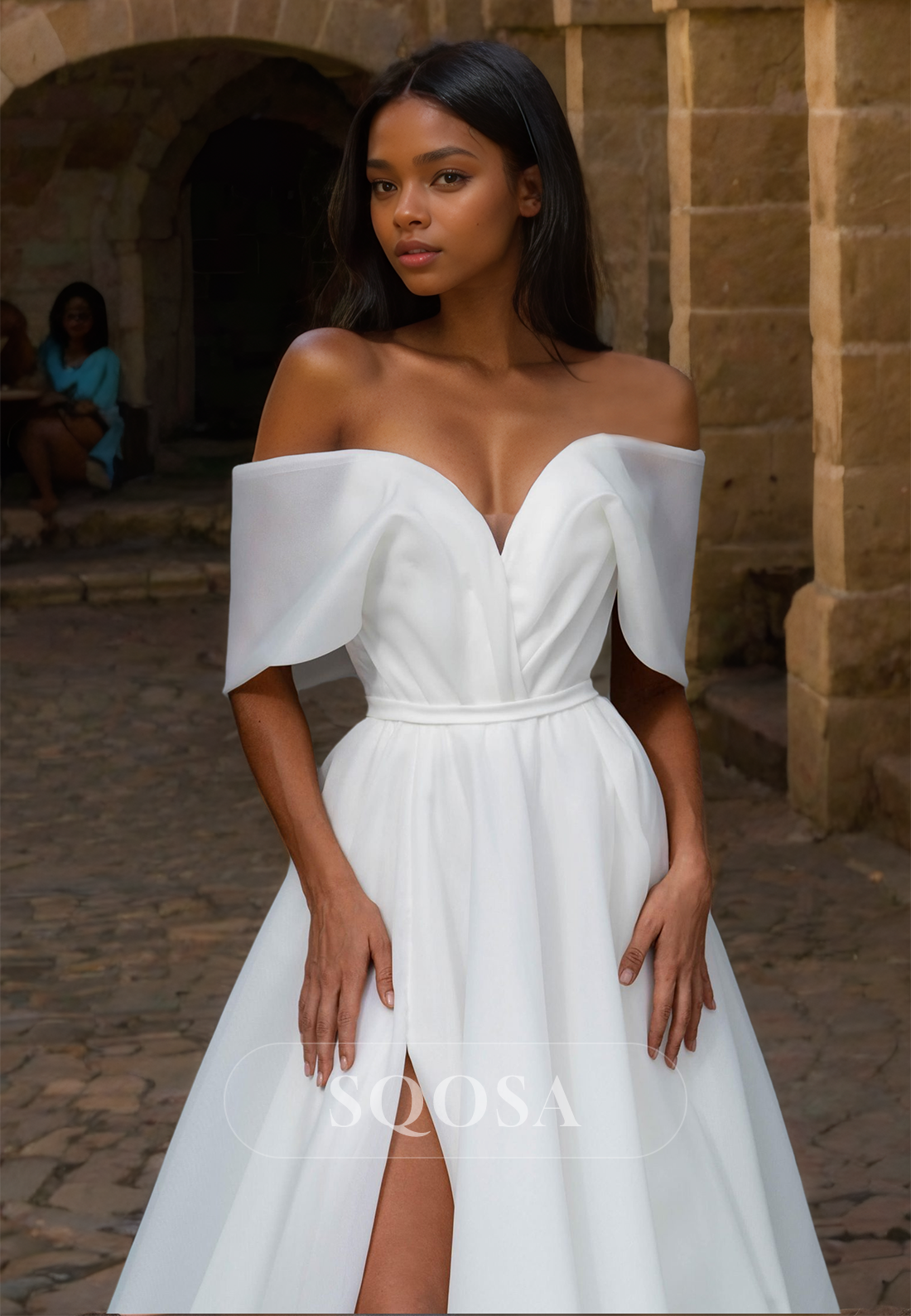 Off-Shoulder Sweetheart A-Line Wedding Dress Pleated High Slit Train Chiffon Bride Gowns with Bow