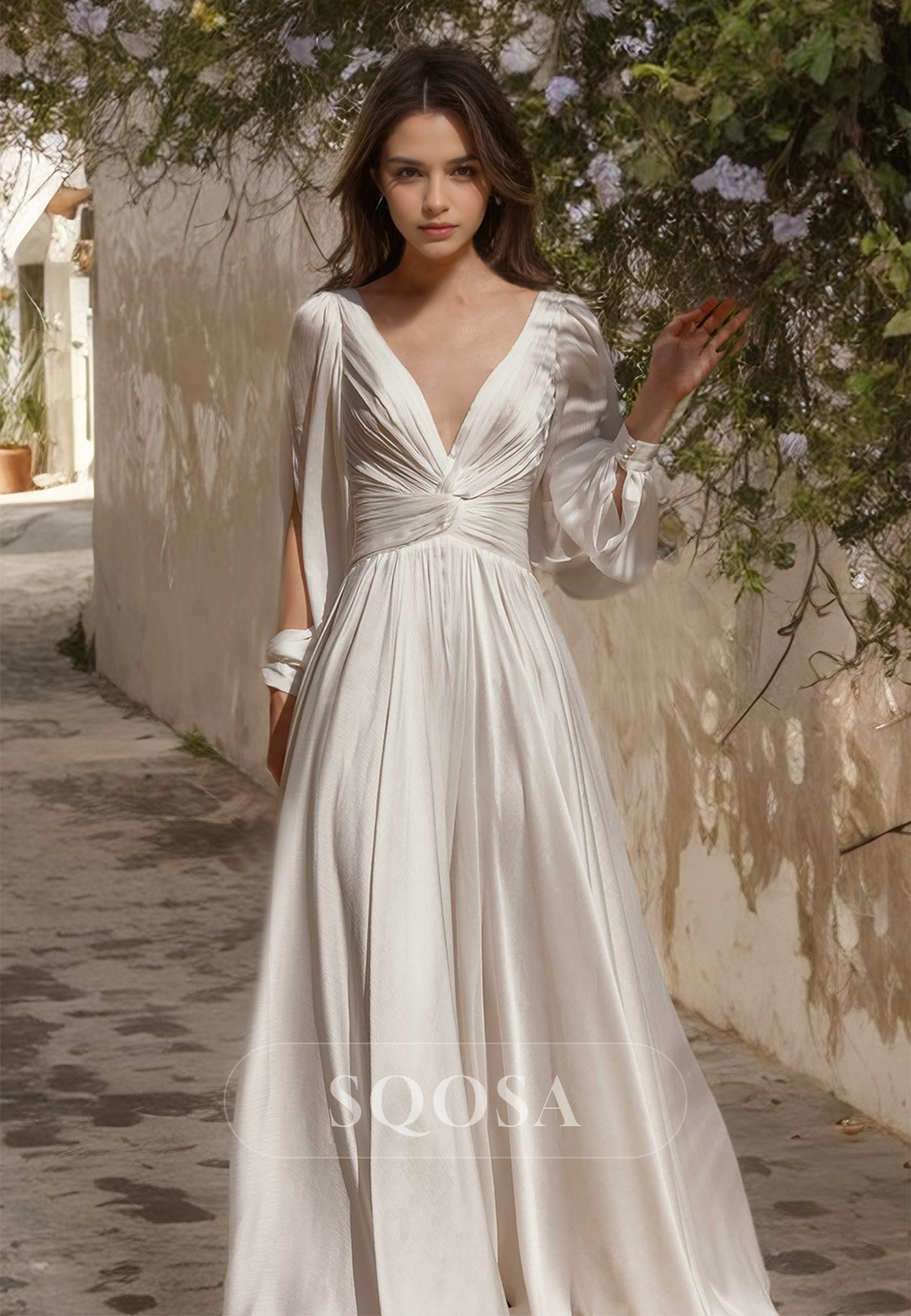 Deep V-Neck Long-Sleeves Pleated Bride Gowns Pleated Chiffon A-Line Wedding Dress with Train