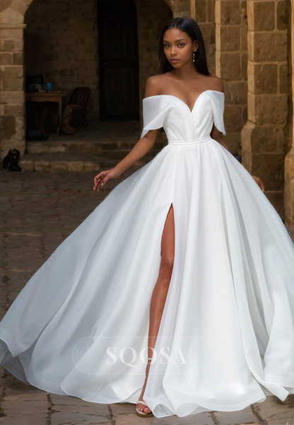 Off-Shoulder Sweetheart A-Line Wedding Dress Pleated High Slit Train Chiffon Bride Gowns with Bow