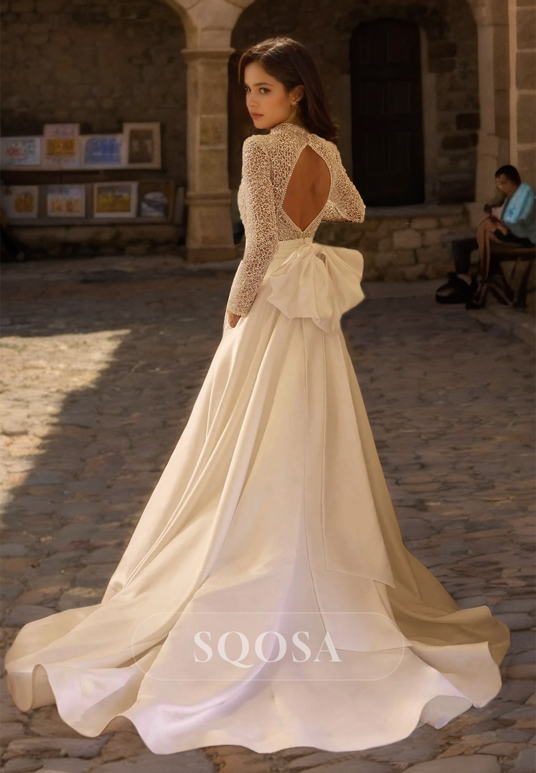 A-Line High-Neck Long-Sleeves Pleated Beaded Satin Wedding Dress with Lace Upper Body