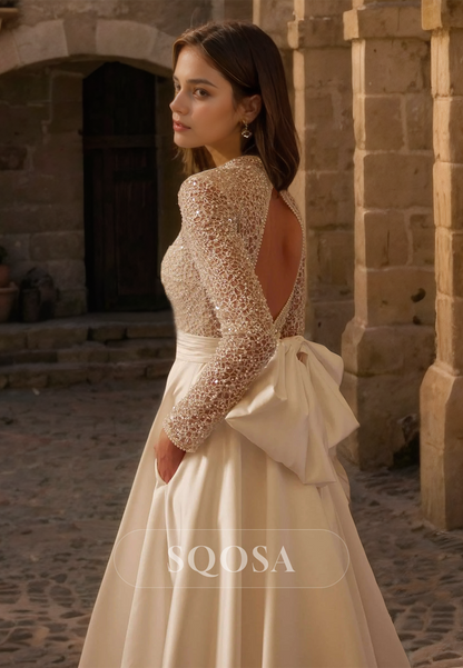 A-Line High-Neck Long-Sleeves Pleated Beaded Satin Wedding Dress with Lace Upper Body