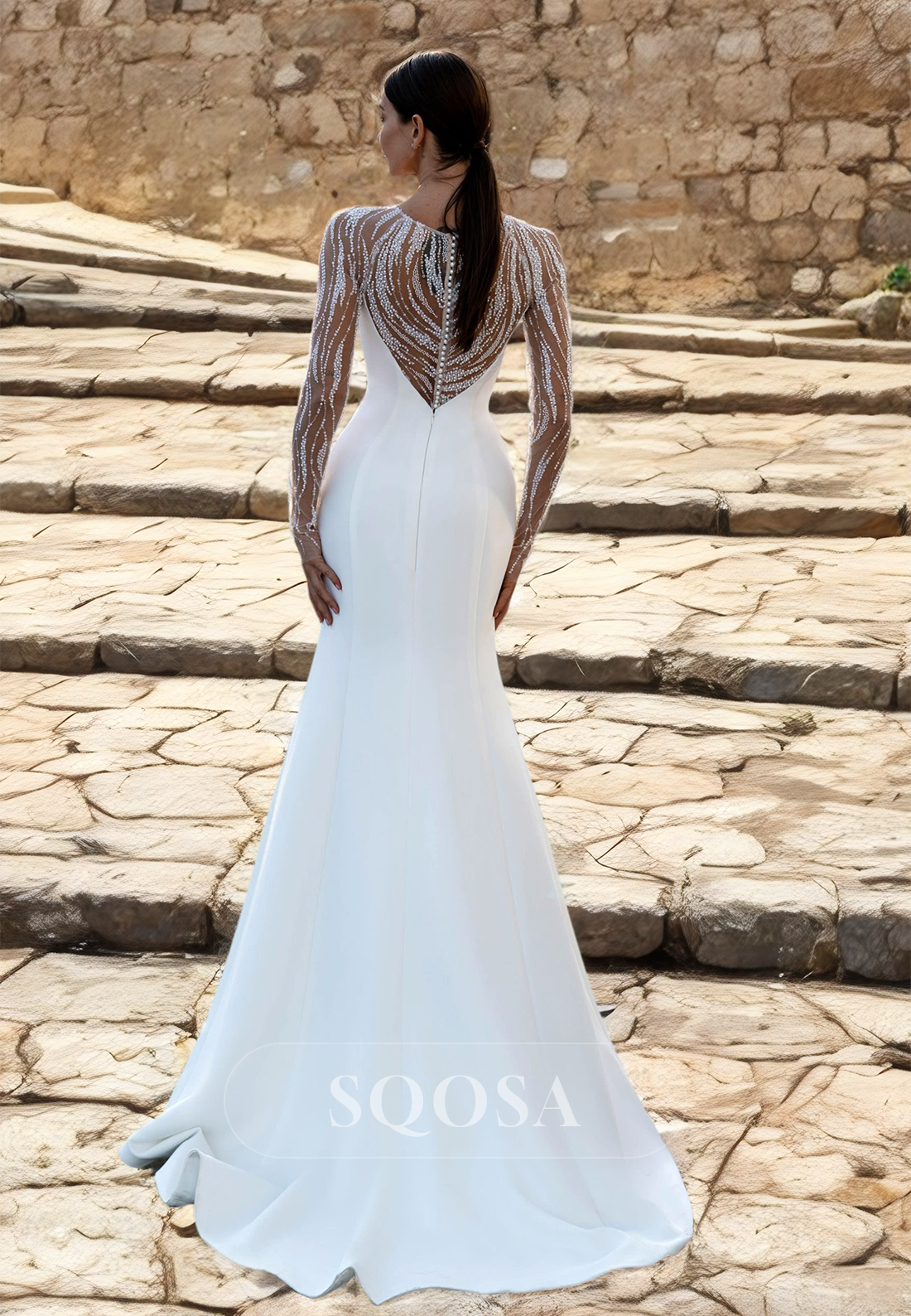 Scoop-Neck Satin Mermaid Wedding Dress Beaded Tulle Long-Sleeves Sweep Train Bride Gowns