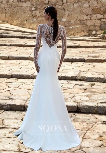 Scoop-Neck Satin Mermaid Wedding Dress Beaded Tulle Long-Sleeves Sweep Train Bride Gowns