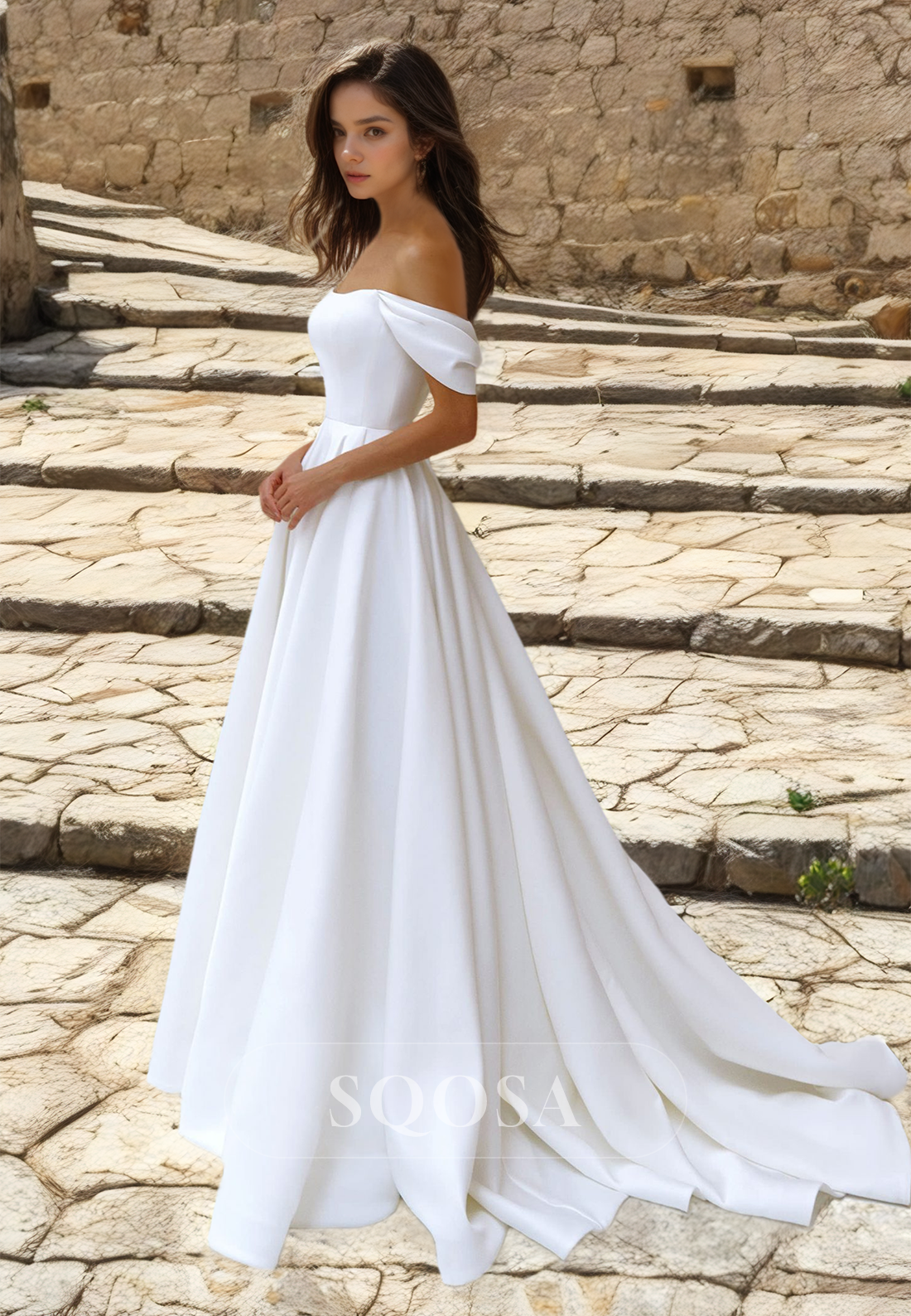 Simple Sweetheart Off-Shoulder Satin Bride Gowns Sleeveless Pleated A-Line Wedding Dress